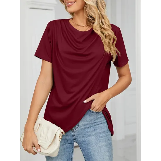Pleated Solid Color Split-Joint Loose Short Sleeves Round-Neck T-Shirts Pleated Solid Color Split-Joint Loose Short Sleeves Round-Neck T-Shirts