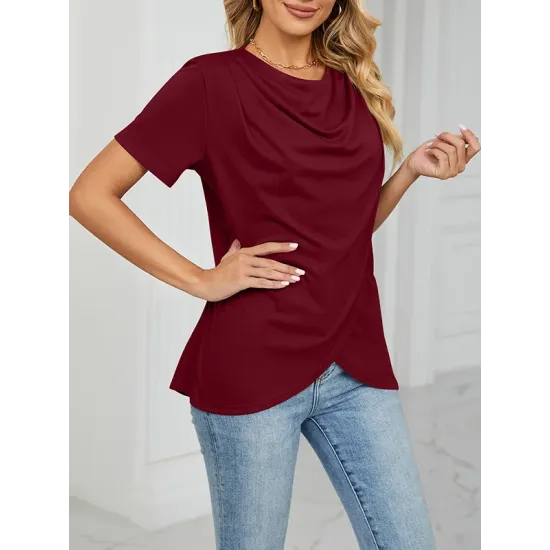 Pleated Solid Color Split-Joint Loose Short Sleeves Round-Neck T-Shirts Pleated Solid Color Split-Joint Loose Short Sleeves Round-Neck T-Shirts