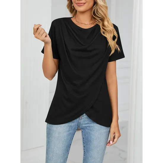 Pleated Solid Color Split-Joint Loose Short Sleeves Round-Neck T-Shirts Pleated Solid Color Split-Joint Loose Short Sleeves Round-Neck T-Shirts