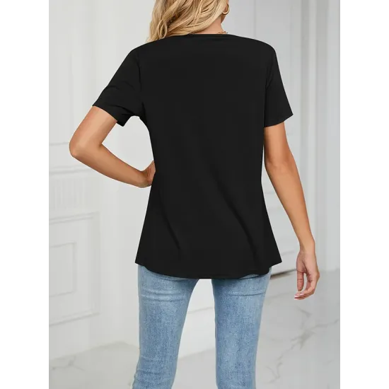 Pleated Solid Color Split-Joint Loose Short Sleeves Round-Neck T-Shirts Pleated Solid Color Split-Joint Loose Short Sleeves Round-Neck T-Shirts