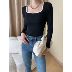 Contrast Color Long Sleeves Skinny Square-Neck T-Shirts Tops