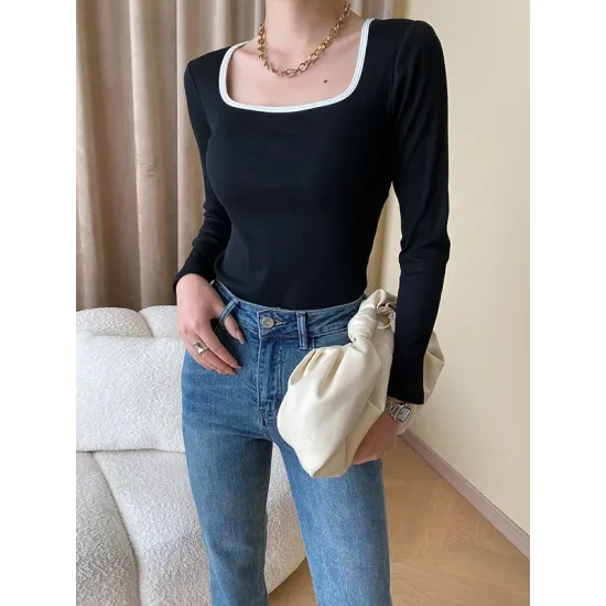 Contrast Color Long Sleeves Skinny Square-Neck T-Shirts Tops