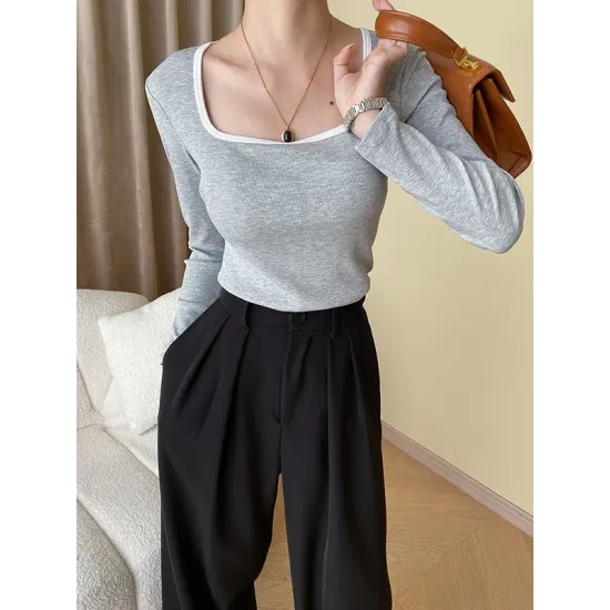 Contrast Color Long Sleeves Skinny Square-Neck T-Shirts Tops
