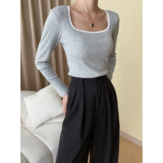 Contrast Color Long Sleeves Skinny Square-Neck T-Shirts Tops