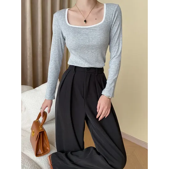 Contrast Color Long Sleeves Skinny Square-Neck T-Shirts Tops
