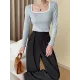 Contrast Color Long Sleeves Skinny Square-Neck T-Shirts Tops
