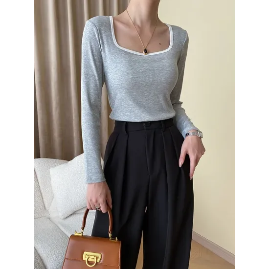 Contrast Color Long Sleeves Skinny Square-Neck T-Shirts Tops