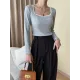 Contrast Color Long Sleeves Skinny Square-Neck T-Shirts Tops