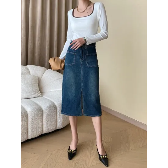Contrast Color Long Sleeves Skinny Square-Neck T-Shirts Tops