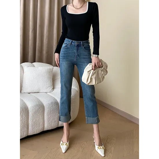 Contrast Color Long Sleeves Skinny Square-Neck T-Shirts Tops