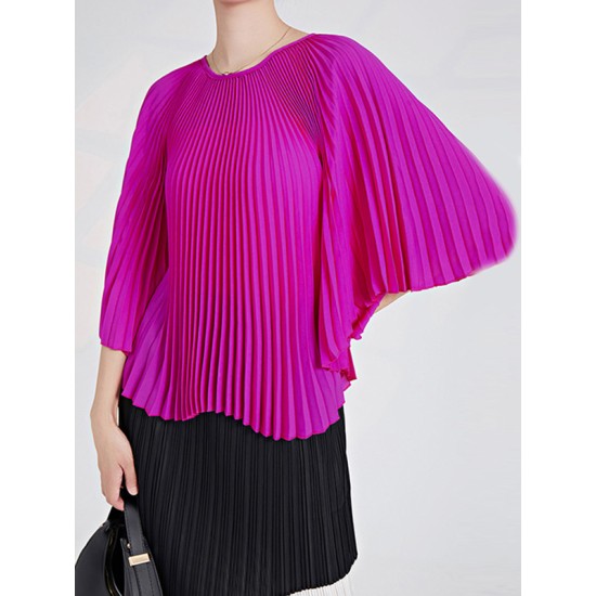 Pleated Solid Color Batwing Sleeves Loose Round-Neck T-Shirts Tops Pleated Solid Color Batwing Sleeves Loose Round-Neck T-Shirts Tops