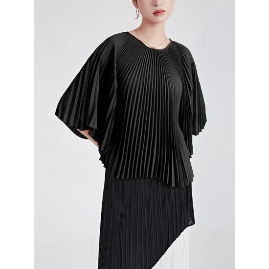 Pleated Solid Color Batwing Sleeves Loose Round-Neck T-Shirts Tops Pleated Solid Color Batwing Sleeves Loose Round-Neck T-Shirts Tops