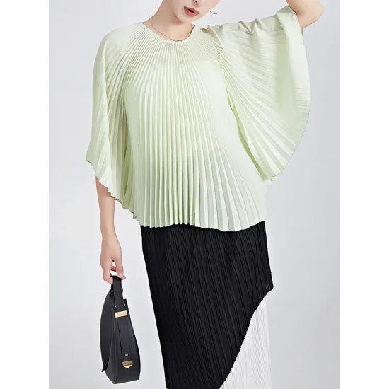 Pleated Solid Color Batwing Sleeves Loose Round-Neck T-Shirts Tops Pleated Solid Color Batwing Sleeves Loose Round-Neck T-Shirts Tops
