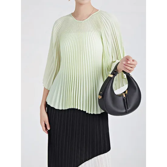 Pleated Solid Color Batwing Sleeves Loose Round-Neck T-Shirts Tops Pleated Solid Color Batwing Sleeves Loose Round-Neck T-Shirts Tops