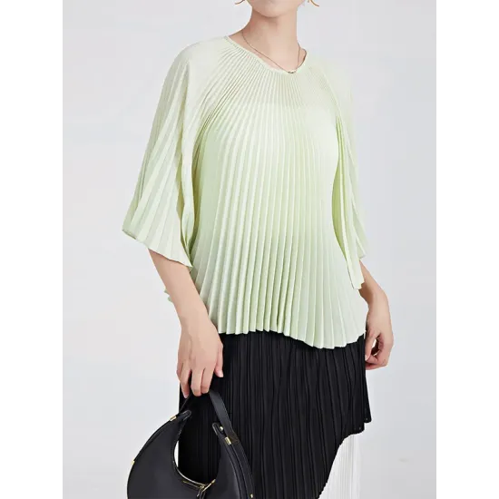 Pleated Solid Color Batwing Sleeves Loose Round-Neck T-Shirts Tops Pleated Solid Color Batwing Sleeves Loose Round-Neck T-Shirts Tops