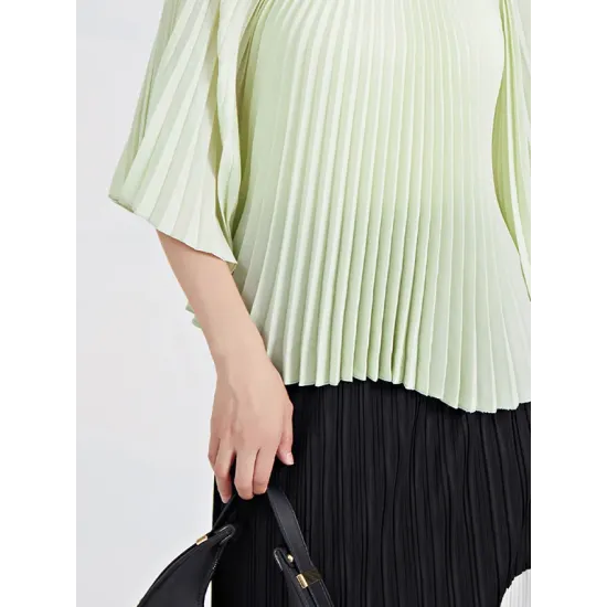 Pleated Solid Color Batwing Sleeves Loose Round-Neck T-Shirts Tops Pleated Solid Color Batwing Sleeves Loose Round-Neck T-Shirts Tops