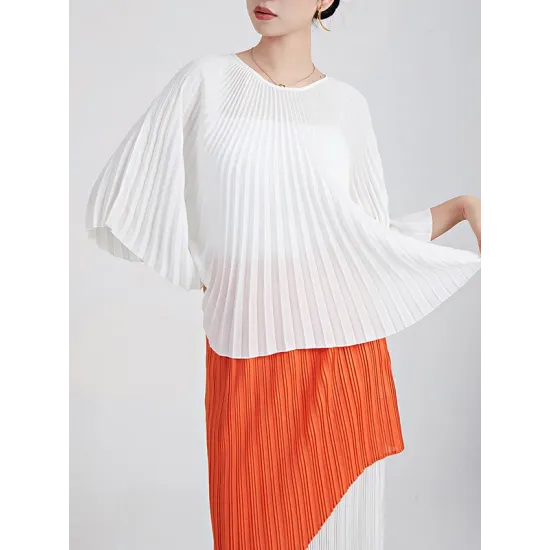 Pleated Solid Color Batwing Sleeves Loose Round-Neck T-Shirts Tops Pleated Solid Color Batwing Sleeves Loose Round-Neck T-Shirts Tops
