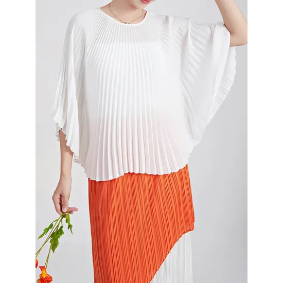 Pleated Solid Color Batwing Sleeves Loose Round-Neck T-Shirts Tops Pleated Solid Color Batwing Sleeves Loose Round-Neck T-Shirts Tops