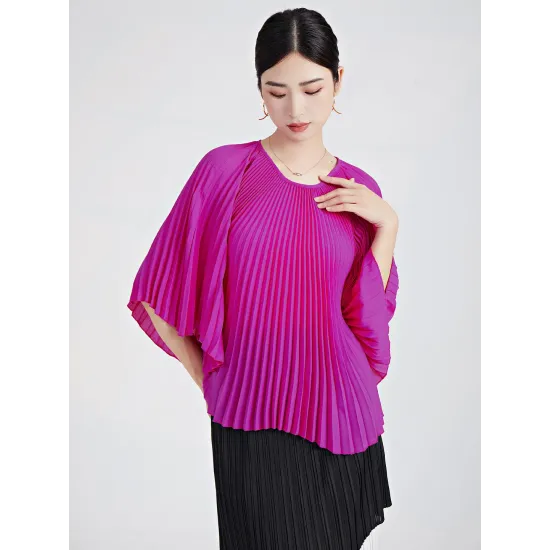 Pleated Solid Color Batwing Sleeves Loose Round-Neck T-Shirts Tops Pleated Solid Color Batwing Sleeves Loose Round-Neck T-Shirts Tops