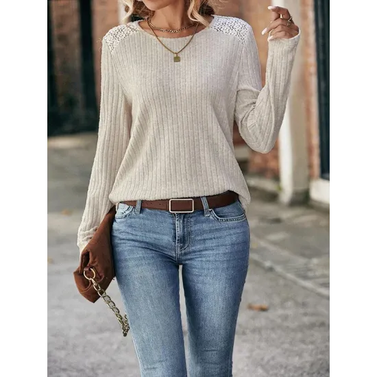 Hollow Split-Joint Long Sleeves Plus Size Round-Neck T-Shirts Tops
