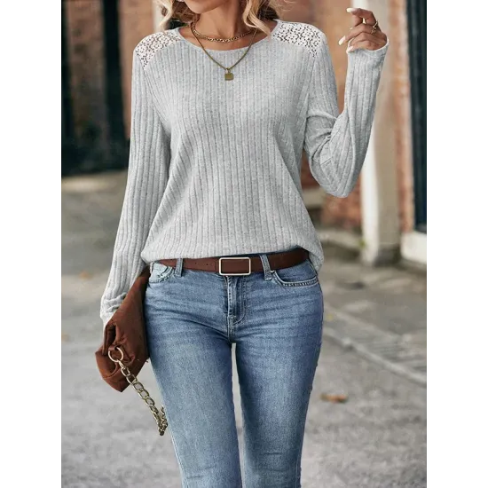 Hollow Split-Joint Long Sleeves Plus Size Round-Neck T-Shirts Tops