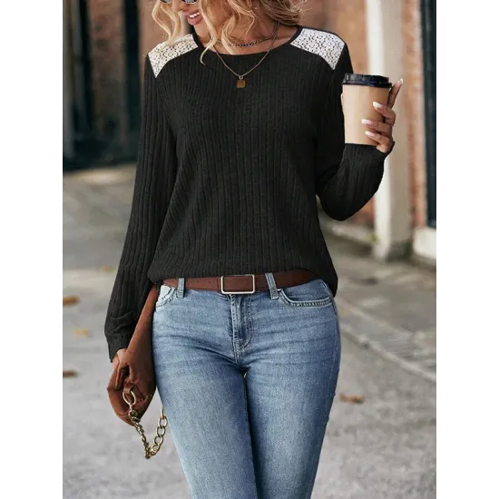 Hollow Split-Joint Long Sleeves Plus Size Round-Neck T-Shirts Tops