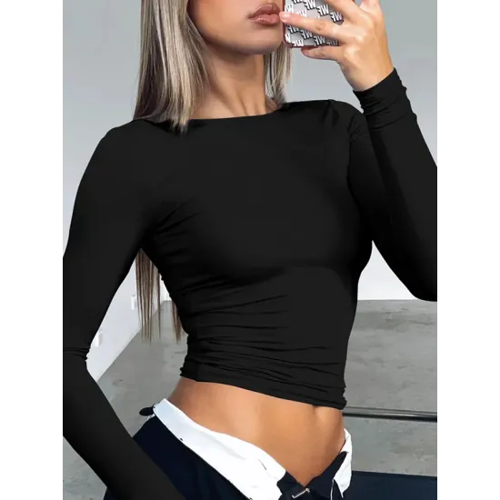 Solid Color Long Sleeves Skinny Round-Neck T-Shirts Solid Color Long Sleeves Skinny Round-Neck T-Shirts