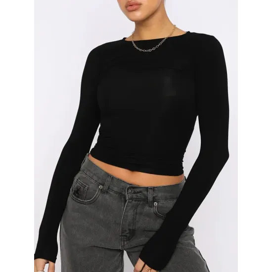 Solid Color Long Sleeves Skinny Round-Neck T-Shirts Solid Color Long Sleeves Skinny Round-Neck T-Shirts