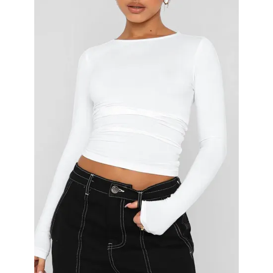 Solid Color Long Sleeves Skinny Round-Neck T-Shirts Solid Color Long Sleeves Skinny Round-Neck T-Shirts