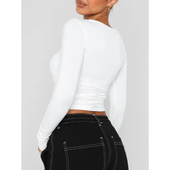 Solid Color Long Sleeves Skinny Round-Neck T-Shirts Solid Color Long Sleeves Skinny Round-Neck T-Shirts
