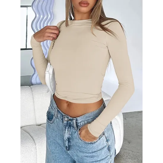 Solid Color Long Sleeves Skinny Round-Neck T-Shirts Solid Color Long Sleeves Skinny Round-Neck T-Shirts
