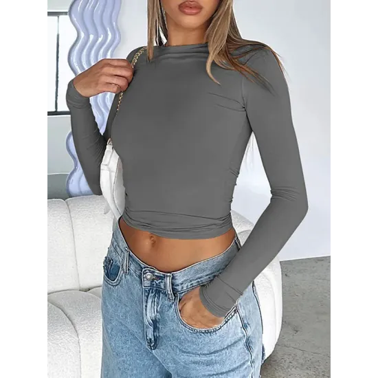 Solid Color Long Sleeves Skinny Round-Neck T-Shirts Solid Color Long Sleeves Skinny Round-Neck T-Shirts