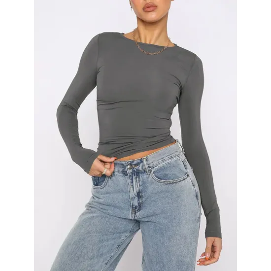 Solid Color Long Sleeves Skinny Round-Neck T-Shirts Solid Color Long Sleeves Skinny Round-Neck T-Shirts