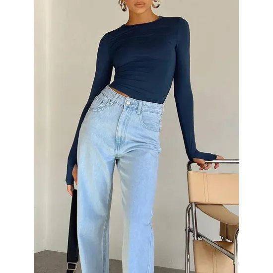 Hollow Solid Color Long Sleeves Skinny Round-Neck T-Shirts Tops Hollow Solid Color Long Sleeves Skinny Round-Neck T-Shirts Tops