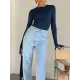 Hollow Solid Color Long Sleeves Skinny Round-Neck T-Shirts Tops Hollow Solid Color Long Sleeves Skinny Round-Neck T-Shirts Tops