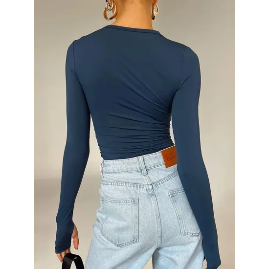 Hollow Solid Color Long Sleeves Skinny Round-Neck T-Shirts Tops Hollow Solid Color Long Sleeves Skinny Round-Neck T-Shirts Tops