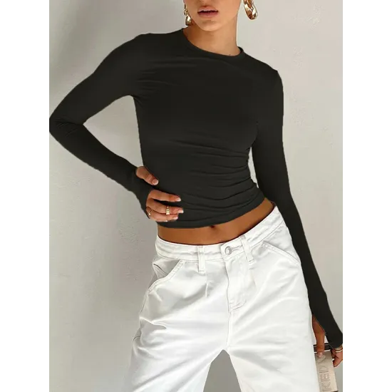 Hollow Solid Color Long Sleeves Skinny Round-Neck T-Shirts Tops Hollow Solid Color Long Sleeves Skinny Round-Neck T-Shirts Tops