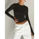 Hollow Solid Color Long Sleeves Skinny Round-Neck T-Shirts Tops Hollow Solid Color Long Sleeves Skinny Round-Neck T-Shirts Tops