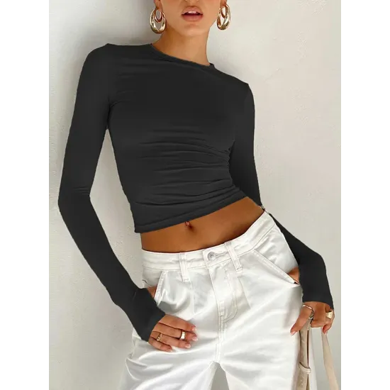Hollow Solid Color Long Sleeves Skinny Round-Neck T-Shirts Tops Hollow Solid Color Long Sleeves Skinny Round-Neck T-Shirts Tops