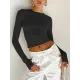 Hollow Solid Color Long Sleeves Skinny Round-Neck T-Shirts Tops Hollow Solid Color Long Sleeves Skinny Round-Neck T-Shirts Tops