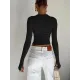Hollow Solid Color Long Sleeves Skinny Round-Neck T-Shirts Tops Hollow Solid Color Long Sleeves Skinny Round-Neck T-Shirts Tops