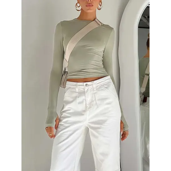 Hollow Solid Color Long Sleeves Skinny Round-Neck T-Shirts Tops Hollow Solid Color Long Sleeves Skinny Round-Neck T-Shirts Tops