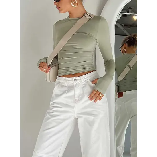 Hollow Solid Color Long Sleeves Skinny Round-Neck T-Shirts Tops Hollow Solid Color Long Sleeves Skinny Round-Neck T-Shirts Tops