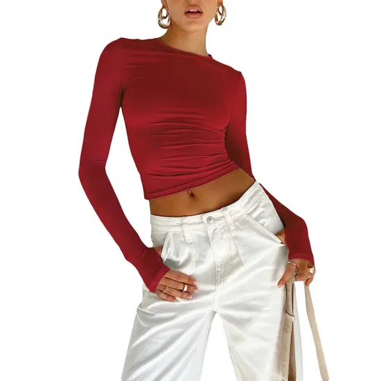 Hollow Solid Color Long Sleeves Skinny Round-Neck T-Shirts Tops Hollow Solid Color Long Sleeves Skinny Round-Neck T-Shirts Tops