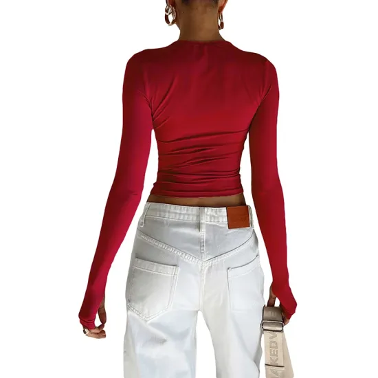 Hollow Solid Color Long Sleeves Skinny Round-Neck T-Shirts Tops Hollow Solid Color Long Sleeves Skinny Round-Neck T-Shirts Tops