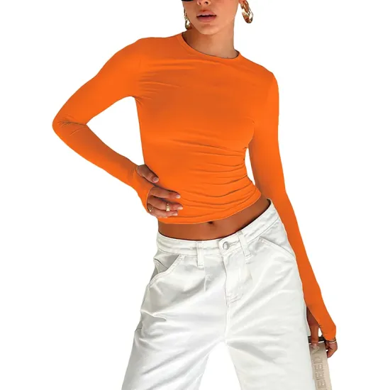 Hollow Solid Color Long Sleeves Skinny Round-Neck T-Shirts Tops Hollow Solid Color Long Sleeves Skinny Round-Neck T-Shirts Tops