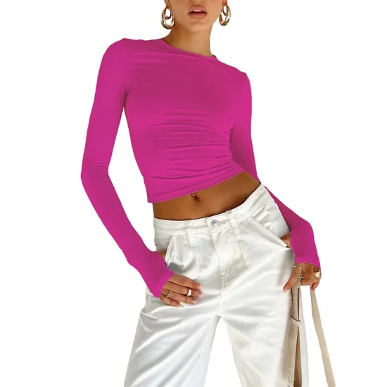 Hollow Solid Color Long Sleeves Skinny Round-Neck T-Shirts Tops Hollow Solid Color Long Sleeves Skinny Round-Neck T-Shirts Tops