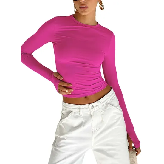 Hollow Solid Color Long Sleeves Skinny Round-Neck T-Shirts Tops Hollow Solid Color Long Sleeves Skinny Round-Neck T-Shirts Tops