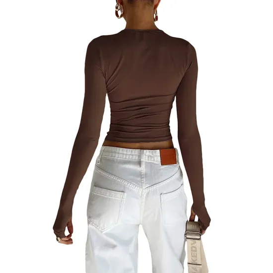 Hollow Solid Color Long Sleeves Skinny Round-Neck T-Shirts Tops Hollow Solid Color Long Sleeves Skinny Round-Neck T-Shirts Tops