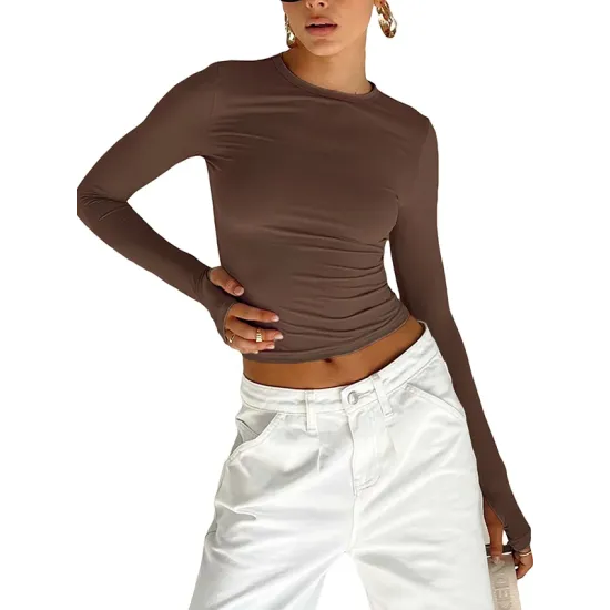 Hollow Solid Color Long Sleeves Skinny Round-Neck T-Shirts Tops Hollow Solid Color Long Sleeves Skinny Round-Neck T-Shirts Tops